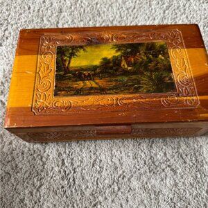 Vintage Wooden Jewelry Box with Mirror and Landscape Scene Wood Box